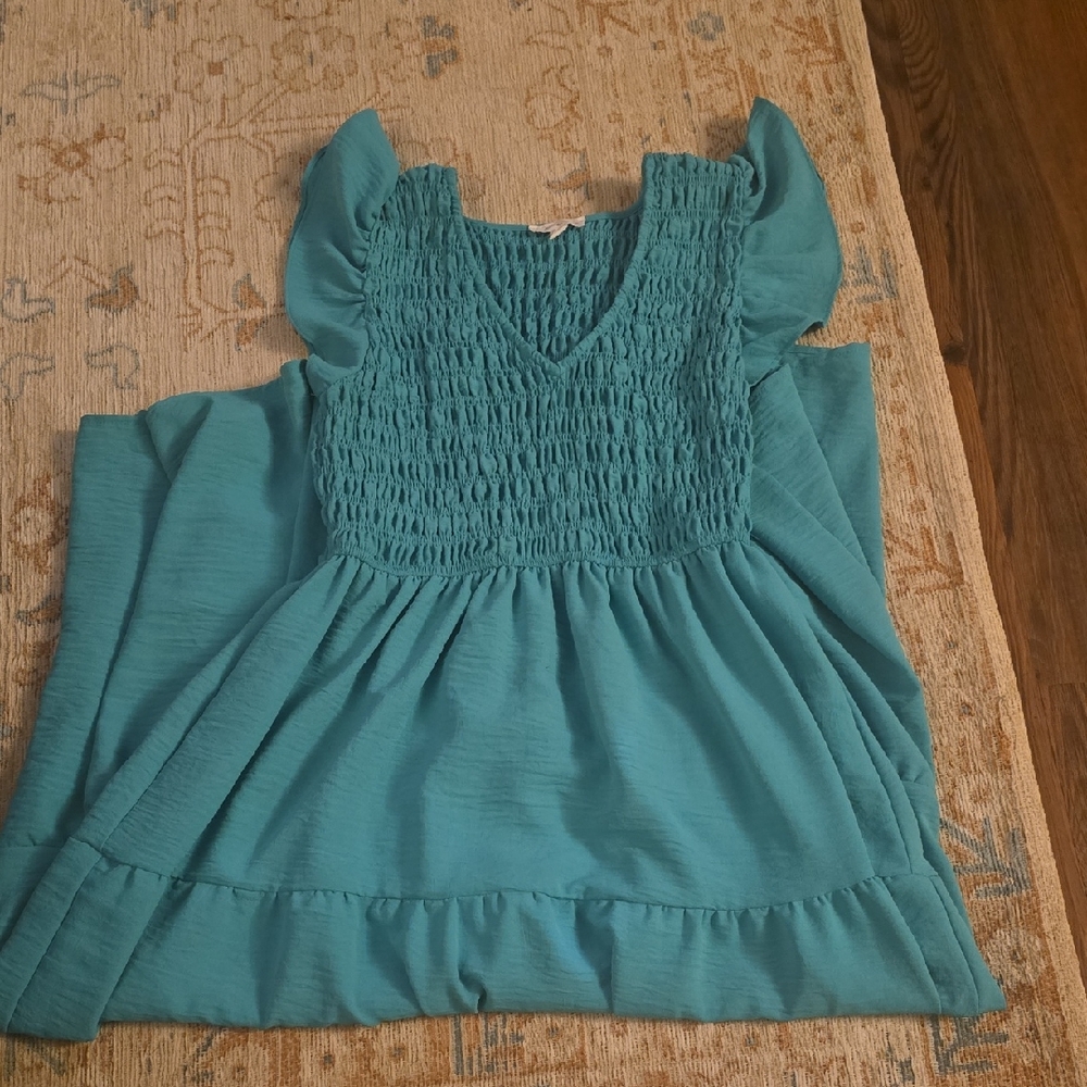 Teal Smocked Dress with Ruffle Sleeves